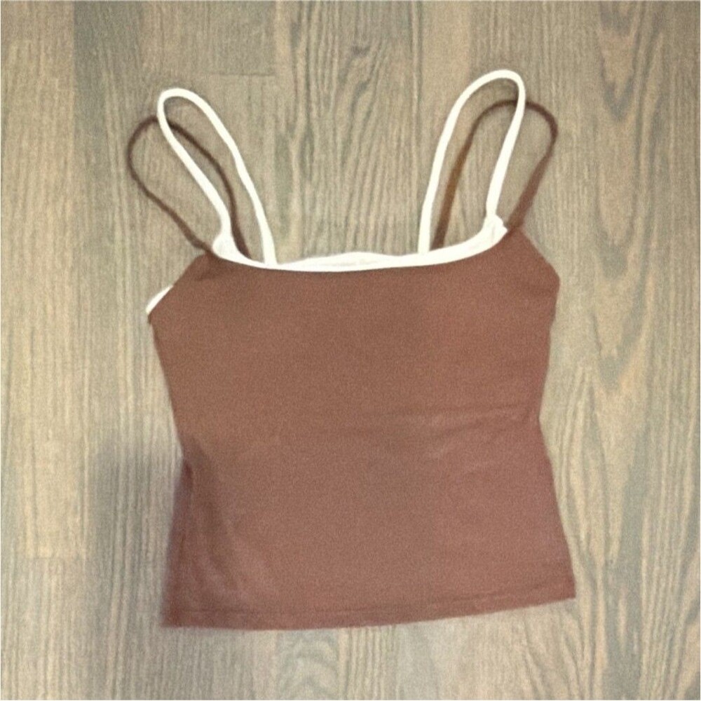 WILO Two Layer Spaghetti Strap Cami Tank Top Brown White Athletic Women's M NWT